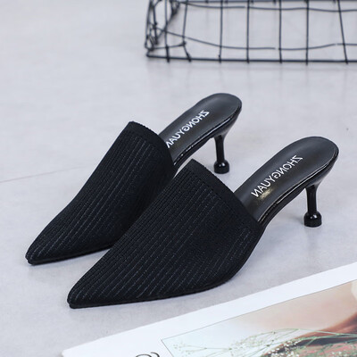 

Sandals&slippers women wear 2019 summer knitted bag head half slippers with pointed thin heels&lazy high heels