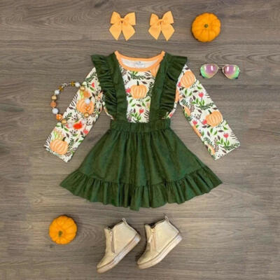

US Toddler Baby Girl Halloween Pumpkin Clothes Tops Suspender Skirt Outfits Set