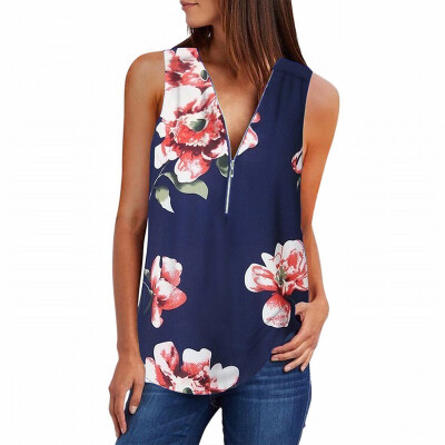 

Printed vest T-shirt womens deep V-neck zipper sleeveless Slim shirt