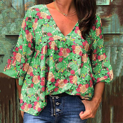 

Ladies Plus Size Womens Floral Print V Neck Bell Sleeve Tops Blouse Boho T Shirt