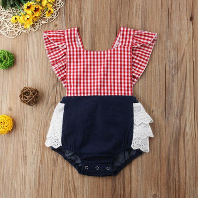 

Newborn Baby Girls kids Toddler clothes Lace backless Ruffle square collar Bodysuit sleeveless cotton summer Plaid Jumpsuit on