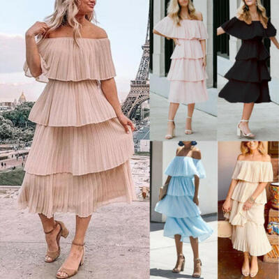 

Womens Chiffon Off Shoulder Summer Evening Party Ruffle Pleated Long Maxi Dress
