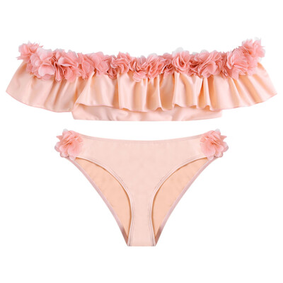 

Off The Shoulder Flounce Padded Decorative Flowers Low Waist Two-piece Women Bikini Set