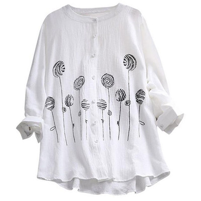 

Vintage Blouse Women V-Neck Floral Printing Patch Long Sleeves Top Shirt plus size Femme Blouse White Blouse Elegant Tops