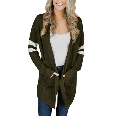 

Toponeto Women Striped Long Sleeve Knitted Sweater Pockets Long Cardigan Top Coat Outwear