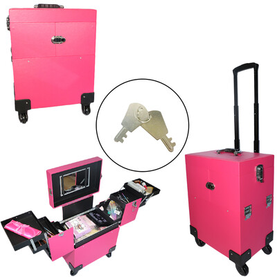 

Rolling Makeup Train Case Cosmetic Jewelry Box Aluminum Trolley Large w Mirror