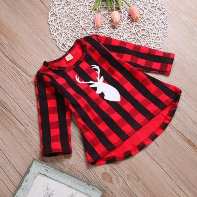 

Christmas Newborn Toddler Baby Girls Cotton Plaid Deer Long Sleeve Dress Clothes