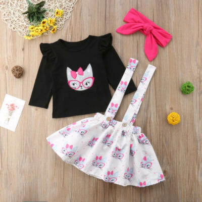 

3Pcs Baby Girls Long Sleeve T-shirt TopStrap SkirtHeadband Set Clothes Outfits