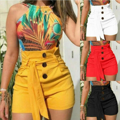 

Womens High Waisted Ribbed Casual Summer Beach Ladies Holiday Hot Pants Shorts