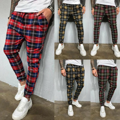 

Men Plaid Check Casual Trousers Pants Joggers Lattice Jogging Slim Fit Skinny