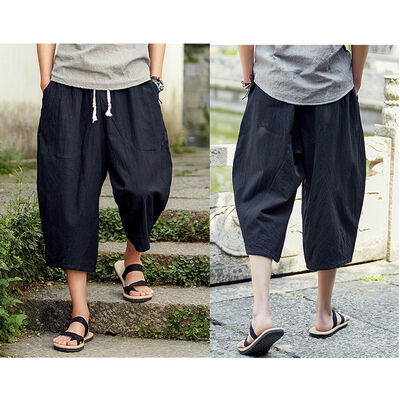 

Mens Casual Loose Drawstring Harem Drop Crotch Linen Trousers Short Beach Pants