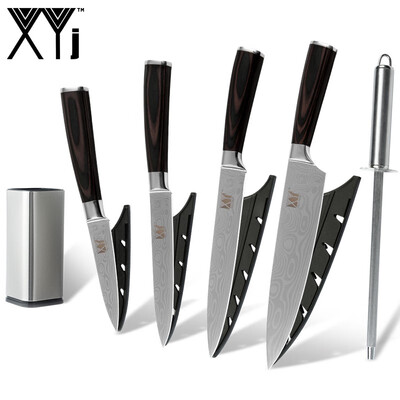 

XYj Stainless Steel Kitchen Knife Cooking Tools 8 inch Knife Holder Sharpener Bar Fruit Utility Slicing Chef Knife Set