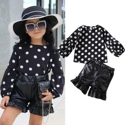 

Infant Kids Baby Girl Polka Dot Tops Leather Shorts Ruffle Pants Outfits Set USA