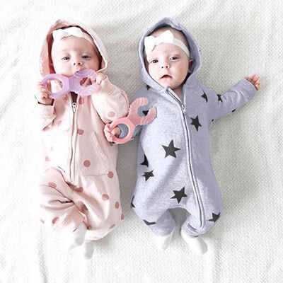 

Newborn Infant Baby Girls Boys Stars Print Hooded Zipper Romper Jumpsuit Outfits
