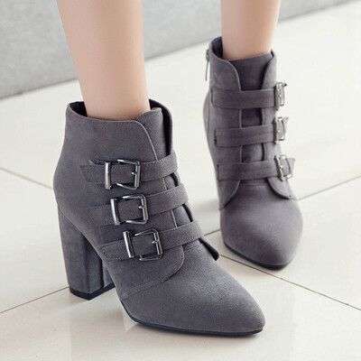 

Rose Fashion Pure Color Pointed Toe Zipper Boots Chunky Heels Vintage Women Boots