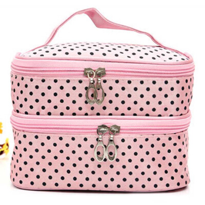 

Double Layer Large Capacity Cosmetic Bag Woman Dots Travel Makeup Organiser Bag