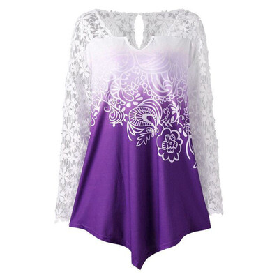 

Womens Tshirt clothes Long Sleeve V-Neck Lace women tshirt Stitching Solid Color Gradient Color T-Shirt
