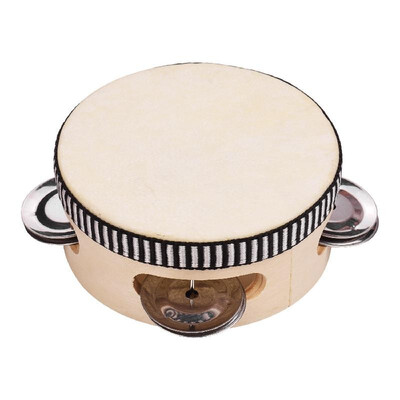 

4 Inch Wooden Hand Tambourine with Metal Single Row Jingles Polyester Drum Skin Tambourines Entertainment Musical Timbrel for Adul