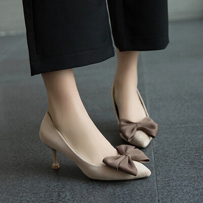 

Rose Womens Sexy Bow Pumps Pointed Toe Falt Shallow Non-Slip Thick High Heels Shoes