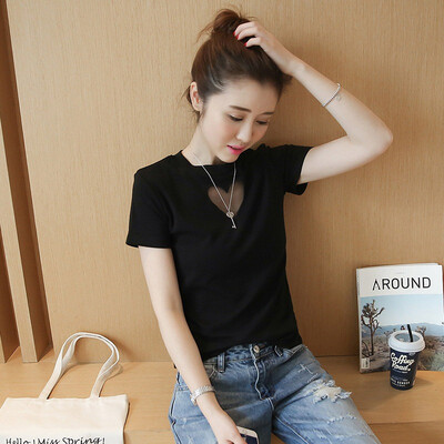 

Women Round Collar Summer Solid Color Love Mesh Slim-Fit Short-Sleeved Casual Simple Wild T-Shirt