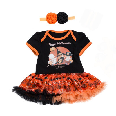 

Style Fashion Baby Girls Halloween Pumpkin Printed Short Sleeves Romper Dress Headband Two Pieces Sets