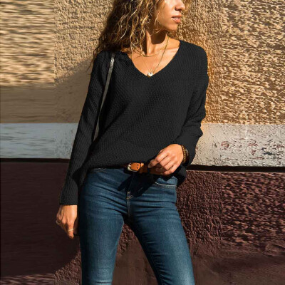 

Gobestart Womens V-Neck Solid Color Matching Long-Sleeved Slim Sweater Pullover Sweater