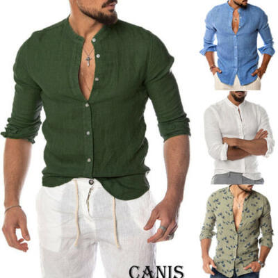 

Mens Summer Casual Long Sleeve Linen Collar Shirts Button Down Beach Top Tee