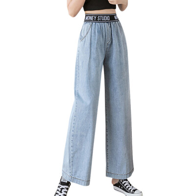 

Women Summer Elastic Waist Letter Wide Leg Loose Elastic High Waist Straight Cowboy Casual Pants