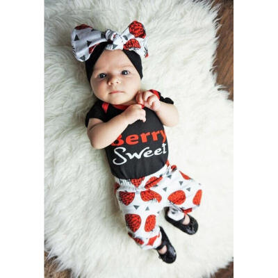 

Newborn Baby Girl Cotton T-shirt Tops Long Pants Headbands Outfit 3PCS Clothes