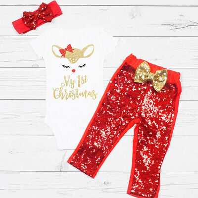 

Cute Newborn Baby GirlMy 1st Christmas"Romper Sequin Pants 3Pcs Outfits Clothes