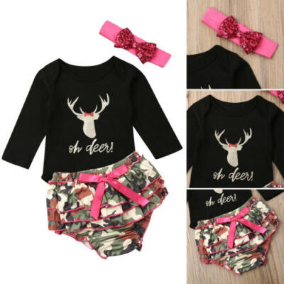 

Newborn Baby Girls Long Sleeve Beer TopsCamouflage ShortsHeadband Outfits Set