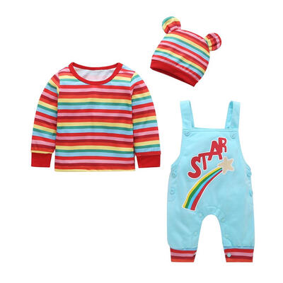 

Baby Colorful Stripe Print Long Sleeve T-shirt Overalls Hat Clothes Set