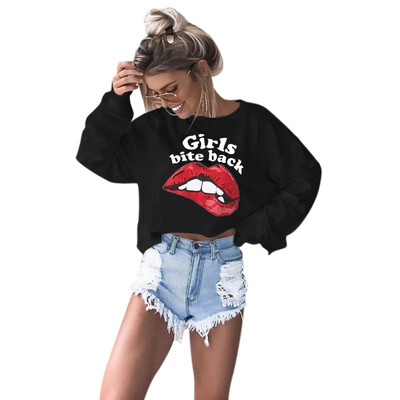 

Autunm Lips Letter Printed Letter Long Sleeves O-neck Crop Top Women Hoodies Casual 2018 New Wind Female Sweatshirts Short Tees