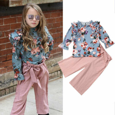 

US Newborn Baby Girls Fly-Sleeve Long Sleeve Printed Tops Trousers Pants Clothes