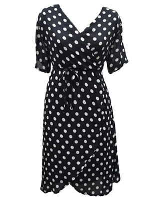 

Women Polka Dot Chiffon Dress Deep V Neck Short Sleeves Cross Overlap Vintage Dress Plus Size Black