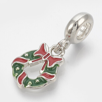 

Alloy Enamel European Dangle Beads Large Hole Pendants Christmas Wreath Platinum Green 255mm Hole 5mm