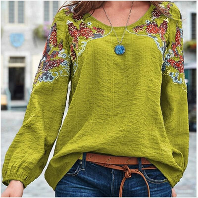 

Cross-border 2019 spring&summer casual loose womens embroidery national wind top green