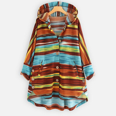 

Tailored Womens Plus Size Patchwork Button Outwear Stripe Lady Hoodie Top Sweater Blouse