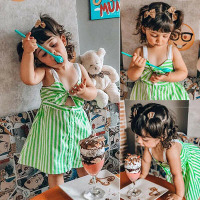 

Toddler Kids Baby Girls Striped Green Dress Front Bow Summer Dress Skirts Party