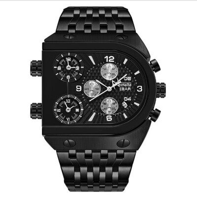 

Top Brand Men 3 Times Zone Quartz Watches Square male Military sports watch Luxury Gold Stainless Steel clock