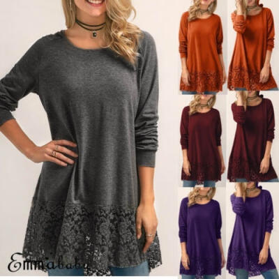 

US Plus Size Women Long Sleeve Loose Cotton Blouse Shirt Lace Tops T-shirt -3XL