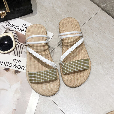 

Roman sandals woman 2019 summer new flat bottom one word&a half drag students to wear two retro ins shoes tide