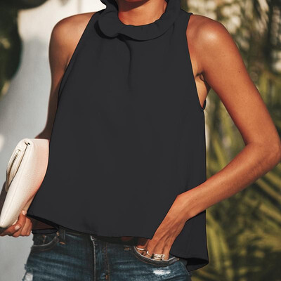 

Women Tank Top Solid Color High Neck Ruffle Sleeveless Bandage Tie Bow Loose Casual Blouse Vest