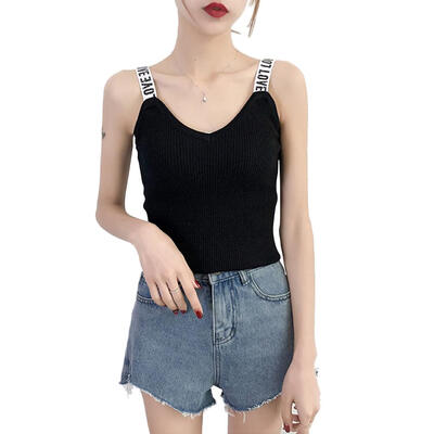 

Solid Color Letter Strap Tank Tops Women V-neck Knit Sleeveless T-shirts