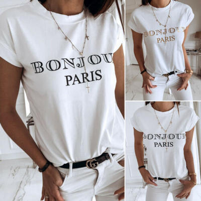 

Womens Bonjour Paris Print T-Shirts Short Sleeve Cotton Casual Top Shirt Blouse