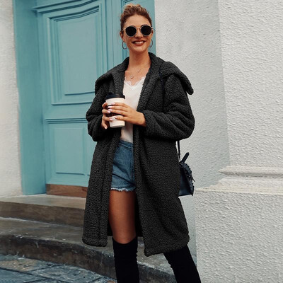 

Fashion Women Autumn Winter Faux Fur Coat Turn-down Collar Long Sleeve Open Front Solid Color Thick Warm Outwear Fur Jacket