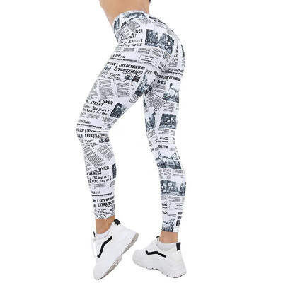 

2019 summer Amazon new printing yoga pants newspaper cut piece printing high waist sports fitness tights Newspaper