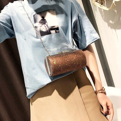 

Fashion Women Chain Sequins Crossbody Bag Korean PU Leather Cylinder Shoulder Messenger Bag