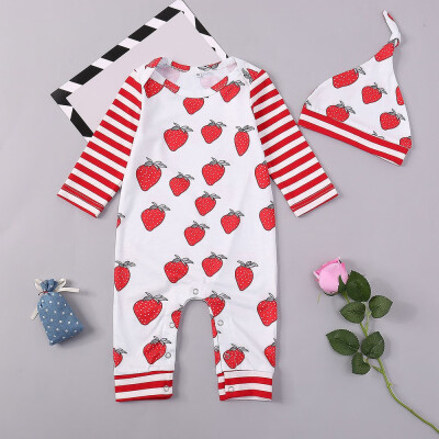 

Newborn Baby Strawberry Striped Print Romper JumpsuitHat Set Casaul Clothes