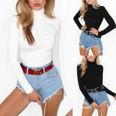 

Women Turtle Neck Long Sleeve Stretch Leotard Bodysuit T-Shirt Top Blouse Romper